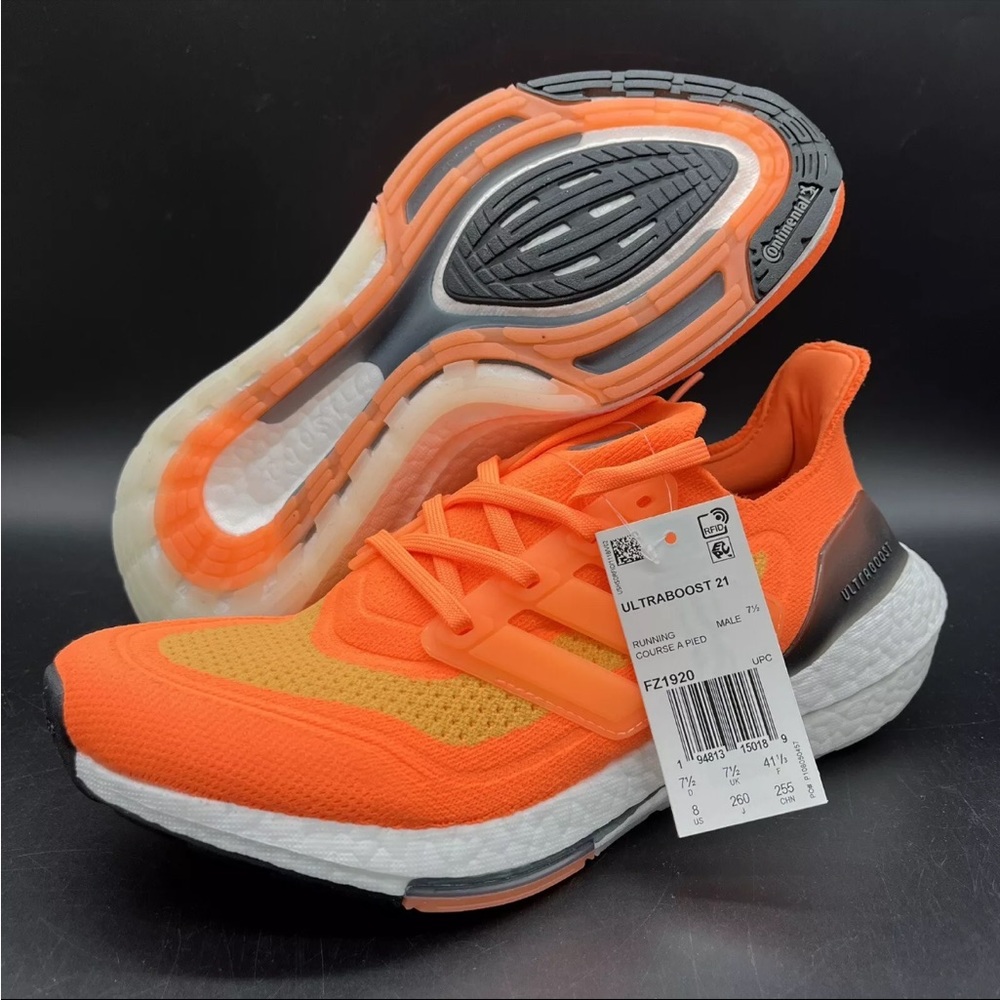 Adidas Mens Ultraboost 21 Running Shoes Orange Black FZ1920 Low Top Mesh 8 New